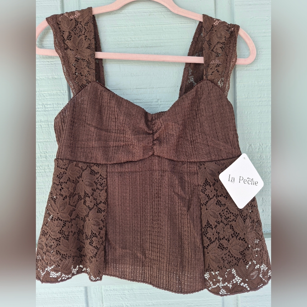 NWT Brown Floral Lace Baby Doll Crop Top Lined Jrs Large Y2K